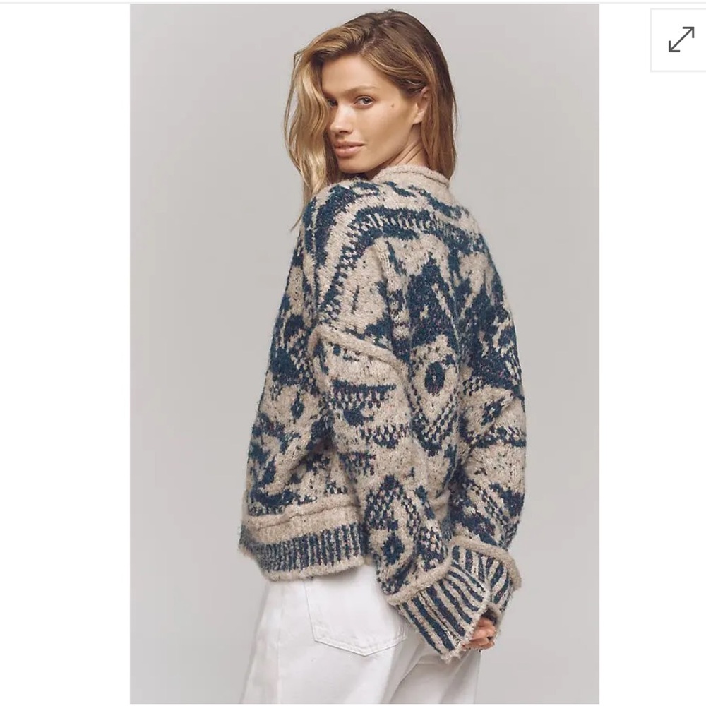 Pilcro Cream and Teal Patterned Crewneck Sweater - Picture 2 of 7